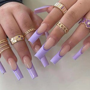 24pcs Purple French Fake Nails, Long Coffin Press On Nails, Glossy Full Cover